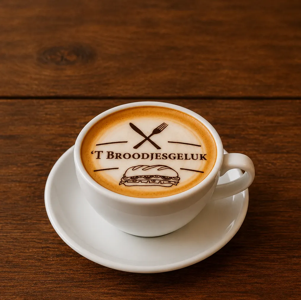 Cappuccino met het logo van 't Broodjesgeluk in het melkschuim